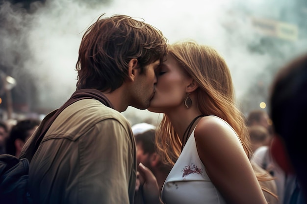 Generative KI-Illustration zweier Liebender, die sich während eines Aufstands auf der Straße küssen