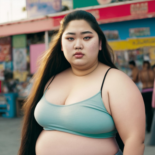 Generative KI junge modische asiatische Frau in Übergröße posiert im Freien