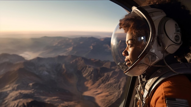 Generative KI junge schwarze Astronautin landet auf neuem Planeten