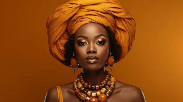 Generative KI, junge schwarze Frau mit Turban und Halskette