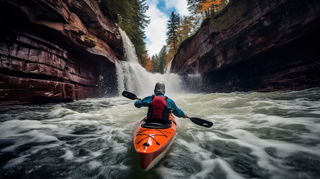 Generative KI-Kajak-Floß-Fluss-Wasserfall-Extremsportkonzept-Wildwasserkajakfahren