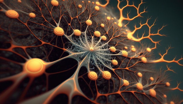 Generative KI Konzeptionelle Darstellung von Neuronenzellen mit leuchtenden Verbindungsknoten im abstrakten dunklen Raum