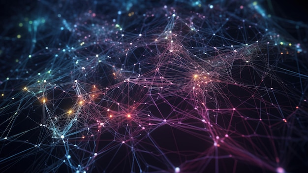 Generative KI Konzeptionelle Darstellung von Neuronenzellen mit leuchtenden Verbindungsknoten im abstrakten dunklen Raum