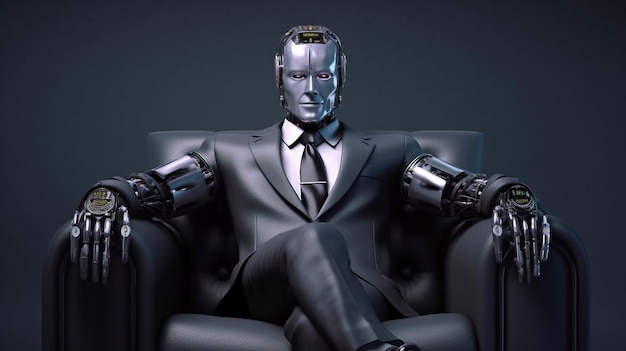 Generative KI, künstliche Intelligenz, Konzeptdesign, Roboter-Geschäftsmann, der auf einem Ledersofa sitzt