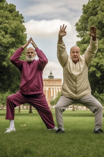 Generative KI Lächelndes älteres Familienpaar macht Partner-Yoga-Übungen auf grünem Rasen im Park Stan
