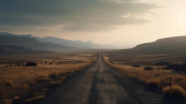 Generative KI-Landschaft, einsame Straße, Berge, Landseite