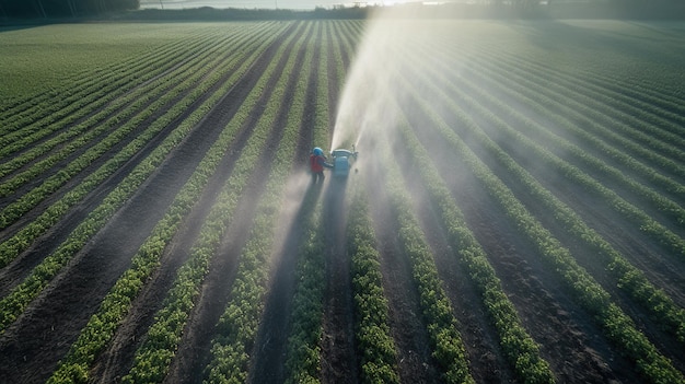 Generative KI-Landwirtschaft bewässert oder besprüht grüne Felder mit Pestiziden. Bewässerungssystem