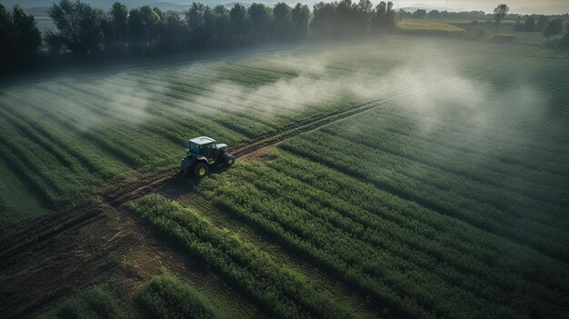 Generative KI-Landwirtschaft bewässert oder besprüht grüne Felder mit Pestiziden. Bewässerungssystem