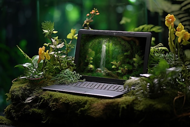 Generative KI Laptop mit Moos und Pflanzen Natur und Technologie Konzept