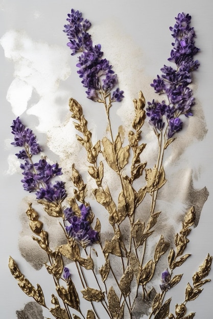Generative KI Lavendelzweige handgezeichnetes Ölgemälde mit goldenen Blättern auf weißem Hintergrund