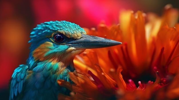 Generative KI, lebendige Farbtöne und eine Ultra-Makroaufnahme eines Vogels auf einer offenen Blume