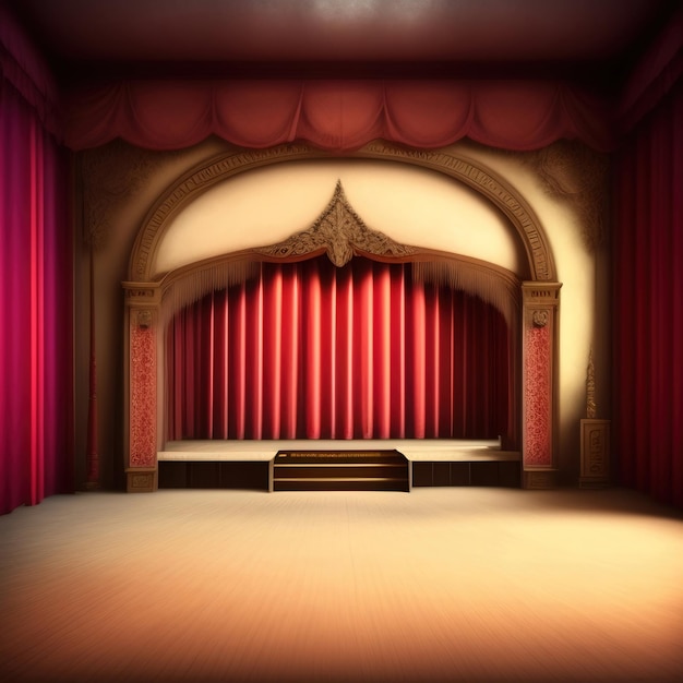 Generative KI Leere Theaterbühne mit roten Samtvorhängen 3D-Illustration Hintergrund