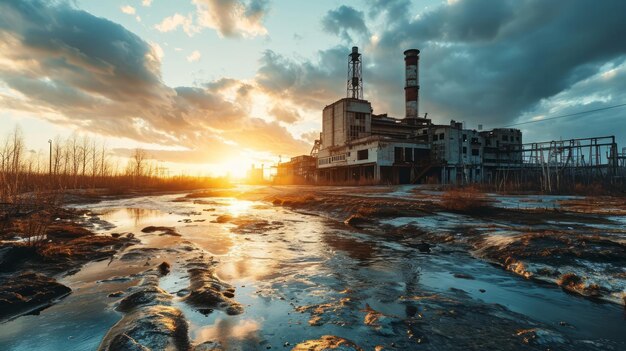 Generative KI Luftansicht des Kernkraftwerks von Tschernobyl einsame Landschaft zerfallende Gebäude launische atmosphärische Töne realistische Darstellung