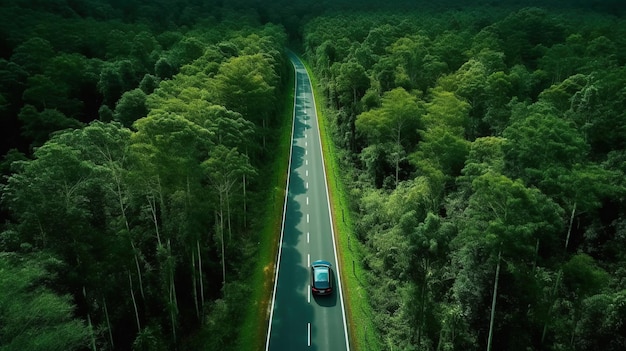 Generative KI-Luftaufnahme der Straße zwischen grüner Waldlandschaft