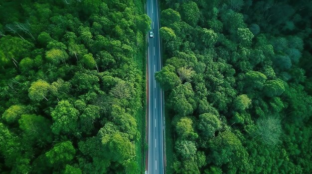 Generative KI-Luftaufnahme der Straße zwischen grüner Waldlandschaft