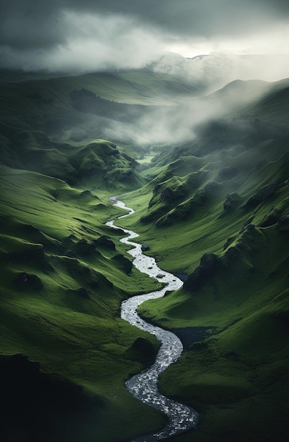 Generative KI malerische grüne Hügel in den Wolken wunderschöne Naturlandschaft