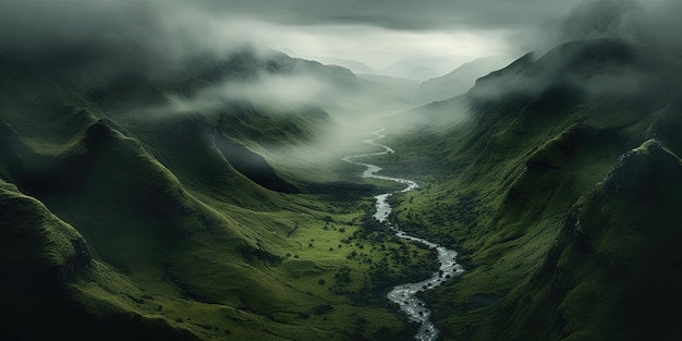 Generative KI malerische grüne Hügel in den Wolken wunderschöne Naturlandschaft