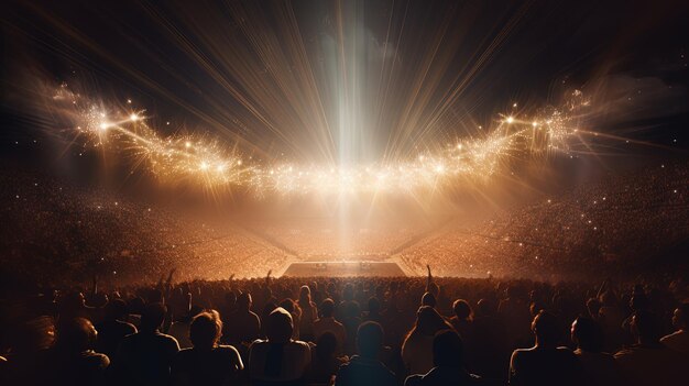 Generative KI-Menschen drängen sich auf dem Musik-Rock-Festival-Konzert auf der großen Bühne des Stadions, die von Scheinwerfern beleuchtet wird