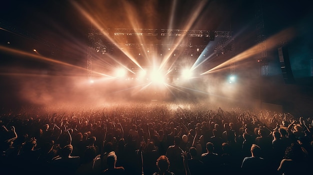 Generative KI-Menschen drängen sich auf dem Musik-Rock-Festival-Konzert auf der großen Bühne des Stadions, die von Scheinwerfern beleuchtet wird