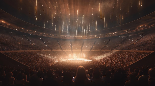 Generative KI-Menschen drängen sich auf dem Musik-Rock-Festival-Konzert auf der großen Bühne des Stadions, die von Scheinwerfern beleuchtet wird