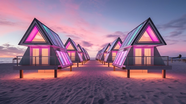 Generative KI Miami Strandhütten Summer Vibes Retro-Illustration Vintage rosa und blaue Farben