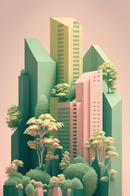 Generative KI minimale Illustration grünes Stadtbild mit Wolkenkratzer