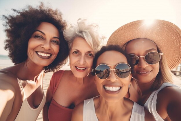 Generative KI mittleren Alters, glücklich lächelnde Gruppe multiethnischer Freunde am Strand, die ein Selfie machen