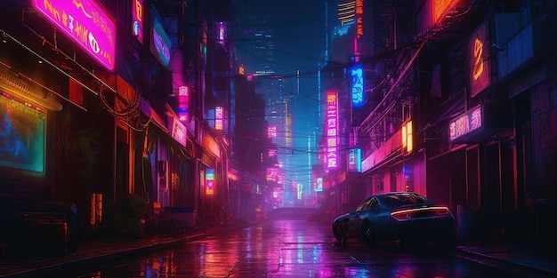 Generative KI Nachtszene der Stadt im Cyberpunk-Stil, futuristische nostalgische Neonlichter der 80er und 90er Jahre