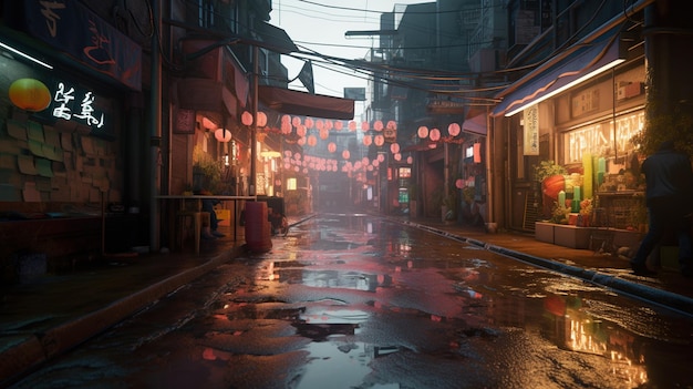 Generative KI Nachtszene einer After-Rain-Stadt im futuristischen Nostalgie-Cyberpunk-Stil