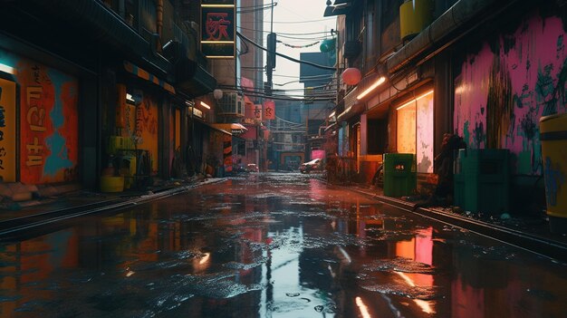 Generative KI Nachtszene einer After-Rain-Stadt im futuristischen Nostalgie-Cyberpunk-Stil