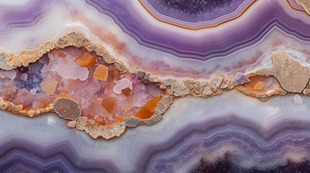Generative KI natürliche vulkanische Achatsteine Nahaufnahme heller digitaler Lavendel und goldene Textur