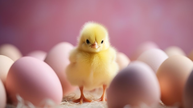 Generative KI Osternkonzept Ein charmantes kleines gelbes Huhn zwischen Ostereiern Eine Grußkarte Rosa Hintergrund