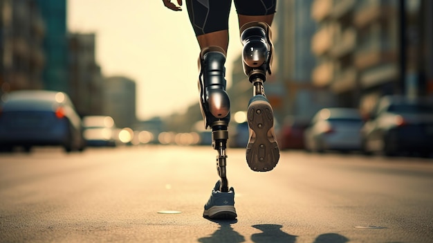 Foto generative ki-person mit behinderung, die mit einer prosthetischen gliedmaße läuft und keine hindernisse fühltx9