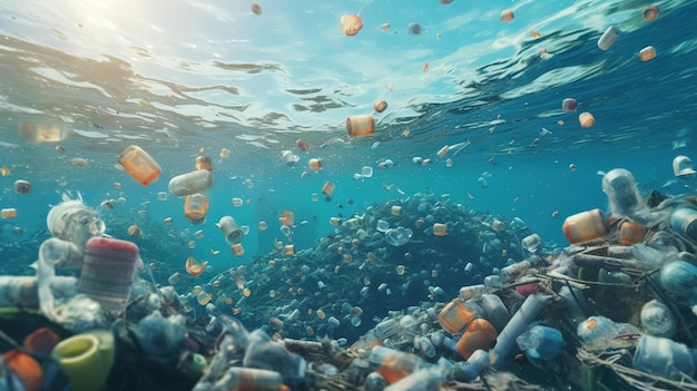 Generative KI Plastiktüten, Flaschen und andere Müllverschmutzungen im Ozean Umweltkonzept