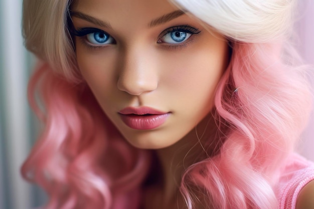 Generative KI-Porträtillustration eines schönen blonden Barbie-Mädchens in Rosa gekleidet
