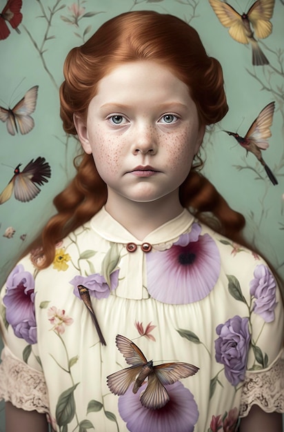 Generative KI-Porträtillustration eines schönen Mädchens mit Vögeln und Blumen im Haar – junges Mädchen mit buntem Make-up und Vogel