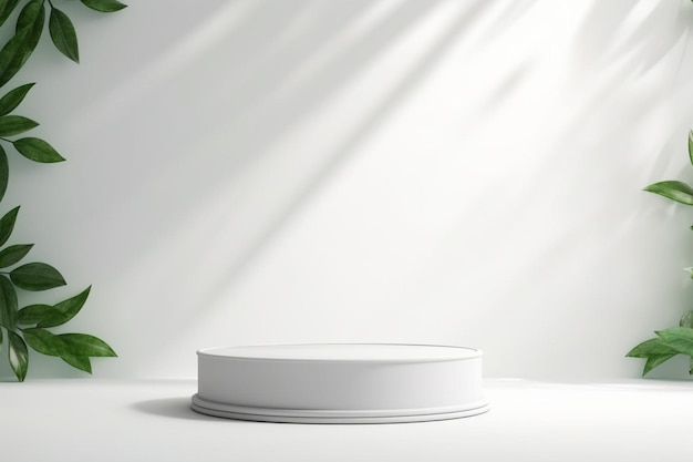 Generative KI realistisch rendern leeres, sauberes weißes Tischtablett-Podium mit grünen Blättern und Pflanzenblasen