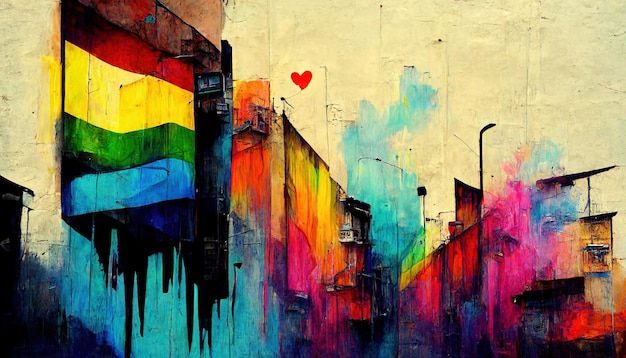 Generative KI-Regenbogen-LGBT-Stolz-Flaggenfarben als Graffiti auf der Wall Street-Kunst. Tinten-Graffiti-Kunst