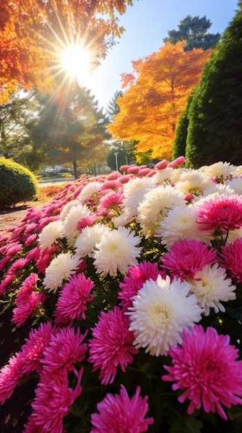 Generative KI, ruhiger Garten mit lebendigem Chrysanthemenbild