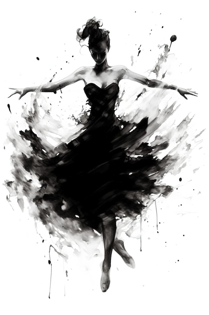 Generative KI Schöne tanzende Frau, gezeichnet mit schwarzer Tinte oder Aquarell