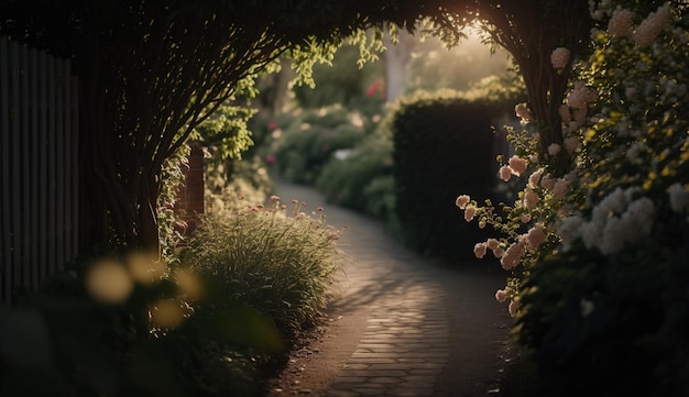 Generative KI. Schöner privater Sommergarten mit vielen Blumen und Pflanzen, Naturlandschaft