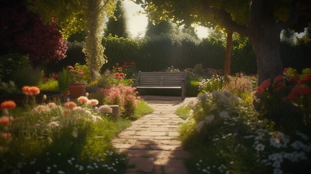 Generative KI. Schöner privater Sommergarten mit vielen Blumen und Pflanzen, Naturlandschaft