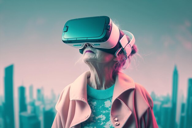 Generative KI-Seniorfrau mit 3D-VR-Brille