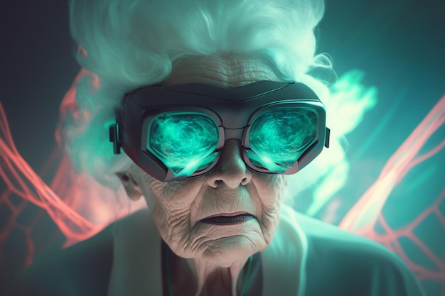 Generative KI-Seniorfrau mit 3D-VR-Brille