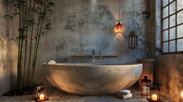 Generative KI Serene japanisch inspiriertes Badezimmer mit einer handgefertigten keramischen Badewanne