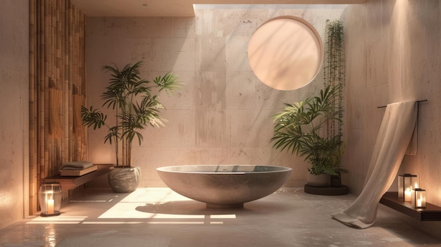 Generative KI Serene japanisch inspiriertes Badezimmer mit einer handgefertigten keramischen Badewanne