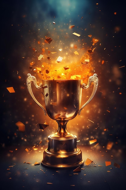 Generative KI-Siegertrophäe mit Flammen, goldener Meisterpokal mit fallendem Konfetti auf dunklem, vertikalem Hintergrund x9