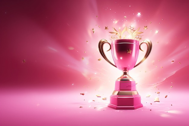 Generative KI-Siegertrophäe mit Flammen, rosa-goldener Meisterpokal mit fallendem Konfetti