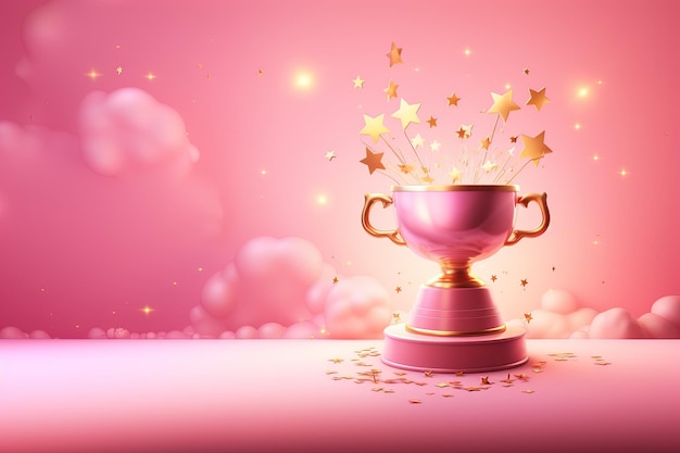 Generative KI-Siegertrophäe mit Flammen, rosa-goldener Meisterpokal mit fallendem Konfetti