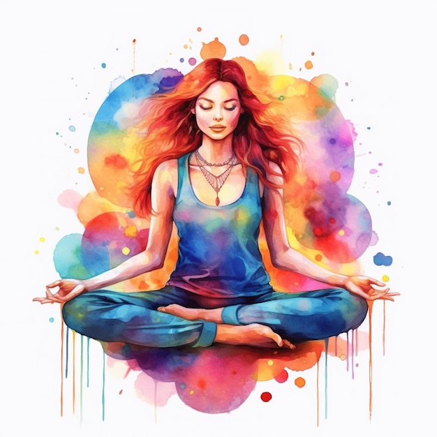 Generative KI Silhouette einer Frau in einer Yoga-Pose Aquarell handgezeichnete Illustration Lotusposition Chakras bei der Meditation